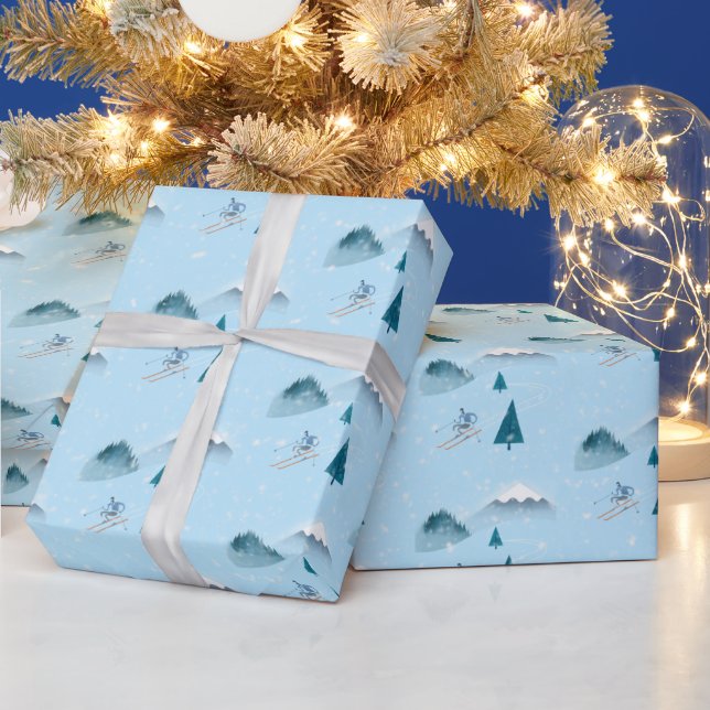 Downhill Skier On Blue with Snowflakes Wrapping Paper (Holidays)