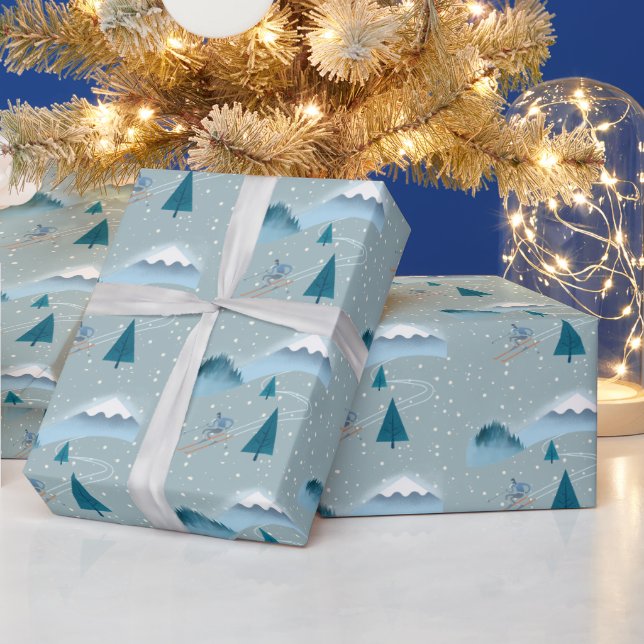 Downhill Skier with Snowflake Background Wrapping Paper (Holidays)