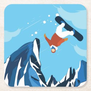 Downhill Skiing Fun in the Winter Square Paper Coaster
