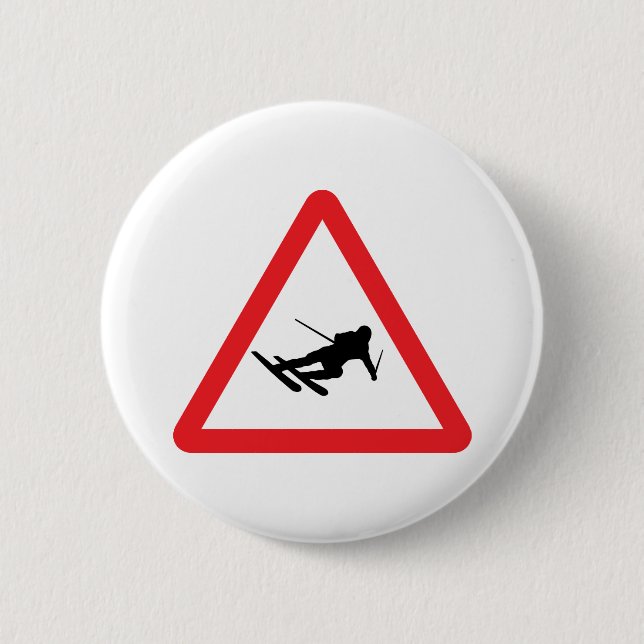 downhill skiing ski warning sign 2 inch round button (Front)