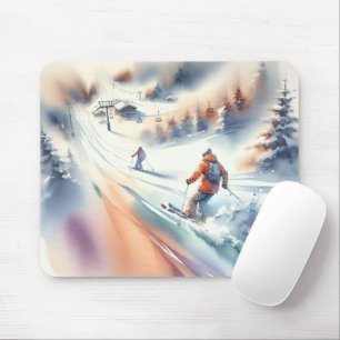 Downhill Snow Skiers In Watercolor Mouse Pad