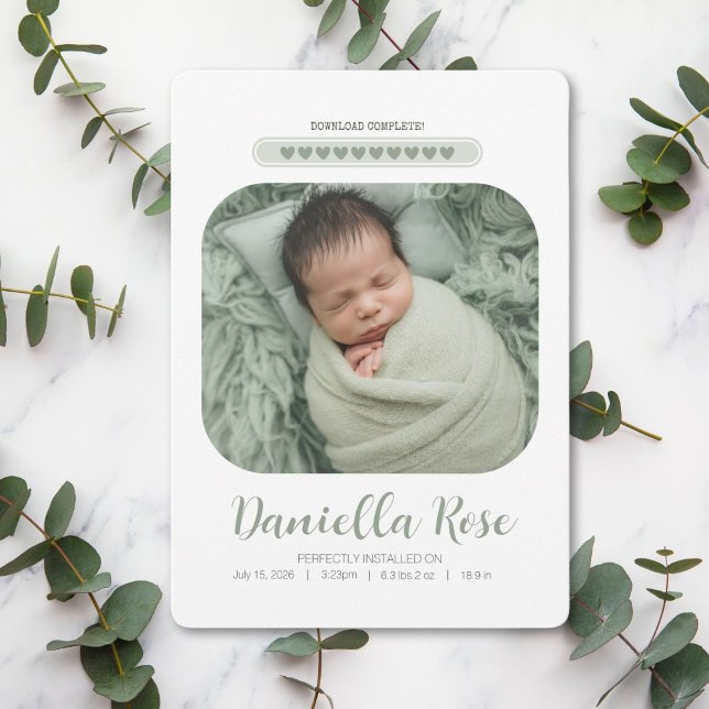 Download Complete Birth Announcement (A tech-inspired design featuring a heart-filled loading bar, adorable baby photo with birth stats.)