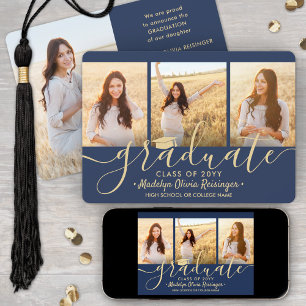 Downloadable 4 Photo Graduation Navy Blue & Gold Announcement