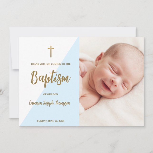Downloadable Blue Gold Custom Modern Baby Baptism Invitation (Front)