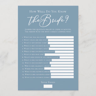 Downloadable Chic Blue Bridal Shower Trivia Game Card