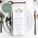 DOWNLOADABLE Coastal Oyster Wedding Menu Card<br><div class="desc">Share your wedding reception menu details in elegant style with these coastal wedding menu cards in white with navy lettering and a trio of aqua and ivory watercolor oyster shell illustrations. Add your initials and wedding date to the top, then customize the menu items arranged by course. Available professionally printed...</div>
