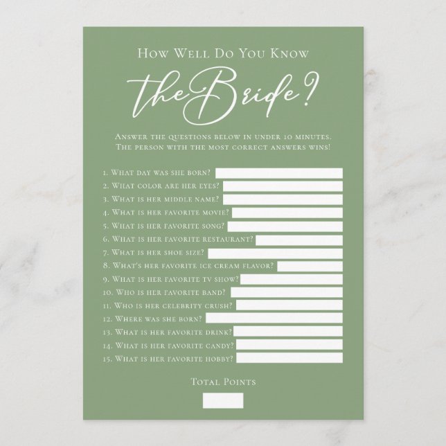 Downloadable Sage Green Bride Facts Shower Game Card (Front)
