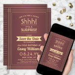 Downloadable Surprise Birthday Burgundy and Gold Save The Date<br><div class="desc">Can you keep a secret? Invite family and friends to an elegant and exciting surprise birthday celebration with custom burgundy and gold save the date party invitations. All wording on this template is simple to personalize, including message that reads "Shhh! It's a SURPRISE." The design features a modern striped border...</div>
