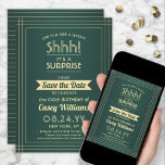 Downloadable Surprise Birthday Green and Gold Save The Date<br><div class="desc">Can you keep a secret? Invite family and friends to an elegant and exciting surprise birthday celebration with custom green and gold save the date party invitations. All wording on this template is simple to personalize, including message that reads "Shhh! It's a SURPRISE." The design features a modern striped border...</div>