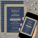 Downloadable Surprise Birthday Navy Blue and Gold Invitation<br><div class="desc">Can you keep a secret? Invite family and friends to an elegant and exciting surprise birthday celebration with custom navy blue and gold party invitations. All wording on this template is simple to personalize, including message that reads "Shhh! It's a SURPRISE." The design features a modern striped border, classic vintage...</div>