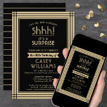 Downloadable Surprise Birthday Party Black & Gold Invitation<br><div class="desc">Can you keep a secret? Invite family and friends to an elegant and exciting surprise birthday celebration with custom black and gold party invitations. All wording on this template is simple to personalize, including message that reads "Shhh! It's a SURPRISE." The design features a modern striped border, classic vintage art...</div>