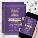 Downloadable Surprise Birthday Purple and Gold Save The Date<br><div class="desc">Can you keep a secret? Invite family and friends to an elegant and exciting surprise birthday celebration with custom purple and gold save the date party invitations. All wording on this template is simple to personalize, including message that reads "Shhh! It's a SURPRISE." The design features a modern striped border...</div>