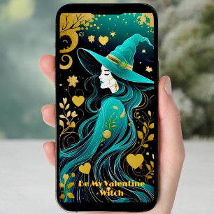 Downloadable Teal Gothic Valentines Witch Text Holiday Card
