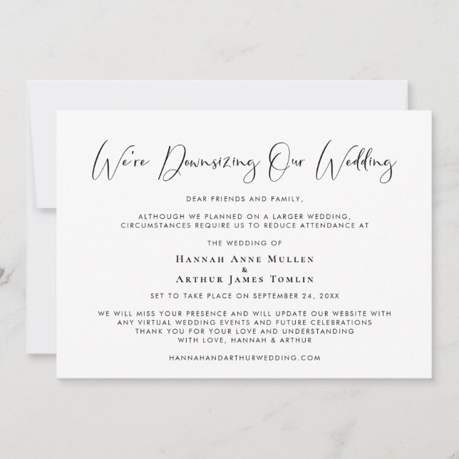 Downsizing Our Wedding Elegant Calligraphy Announcement (Front)