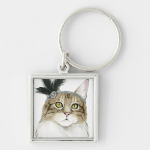 Downton Cat   Adorned With Feathers Keychain