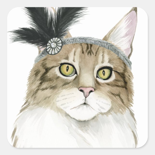 Downton Cat | Adorned With Feathers Square Sticker (Front)