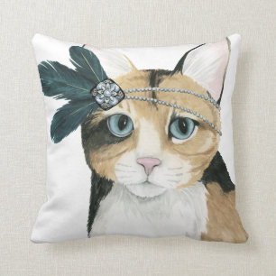 Downton Cat   Bejeweled With Feathers Throw Pillow