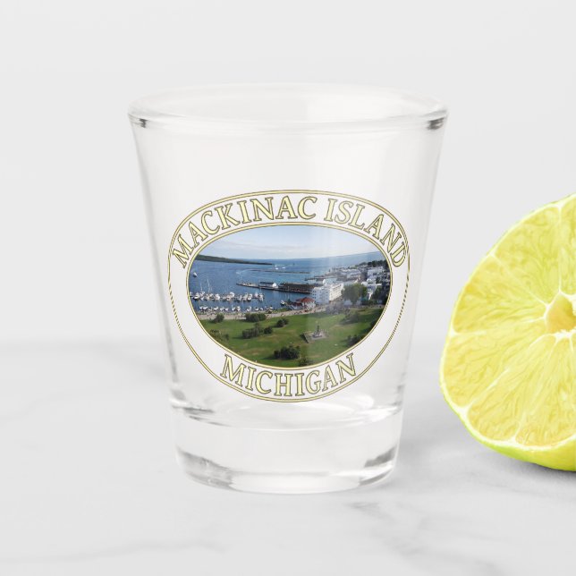 Downtown and Harbour at Mackinac Island, Michigan Shot Glass (Front)