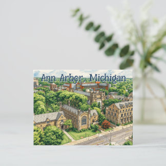 Downtown Ann Arbor, Michigan Hand Drawn Style Postcard