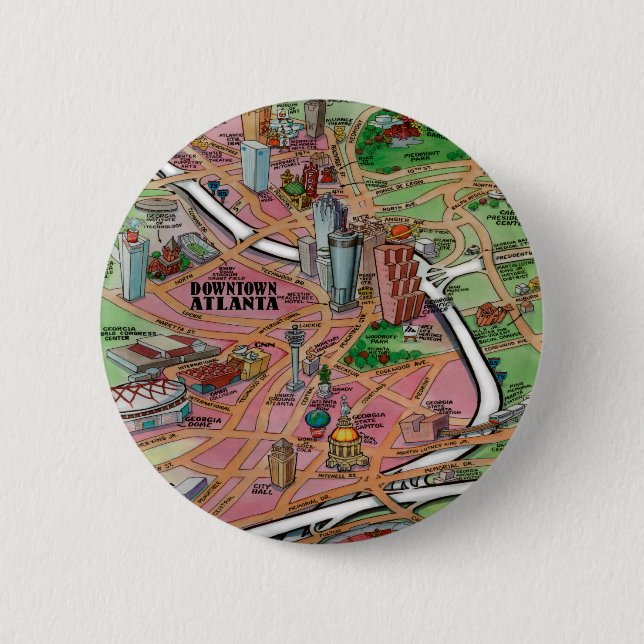 Downtown Atlanta Georgia Cartoon Map 2 Inch Round Button (Front)