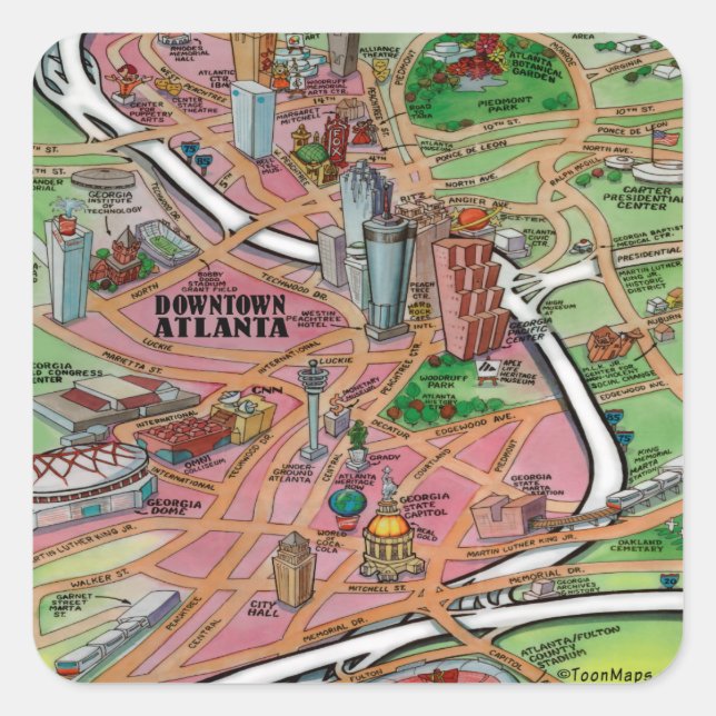 Downtown Atlanta Georgia Cartoon Map Square Sticker (Front)