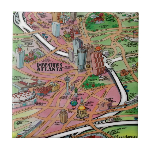 Downtown Atlanta Georgia Cartoon Map Tile (Front)