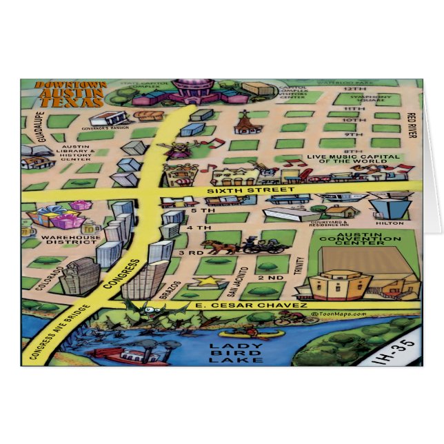 Downtown Austin Texas Cartoon Map (Front Horizontal)