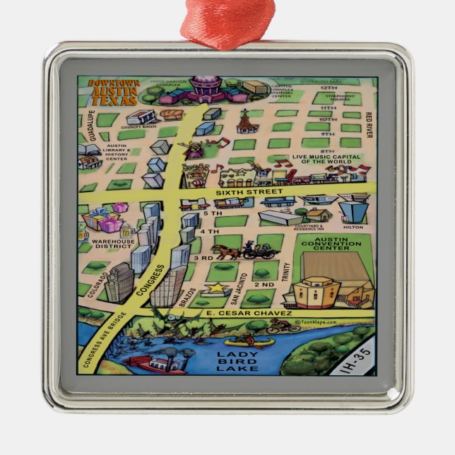 Downtown Austin Texas Cartoon Map Metal Ornament (Front)