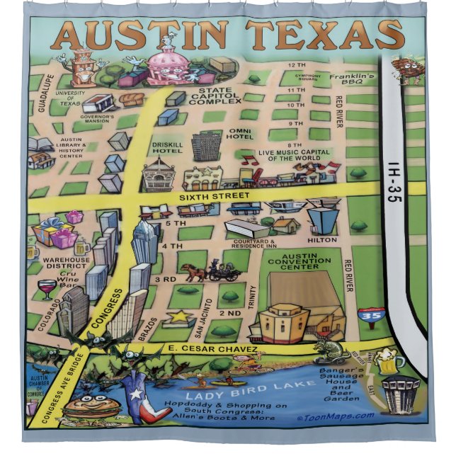 Downtown Austin Texas Cartoon Map Shower Curtain (Front)
