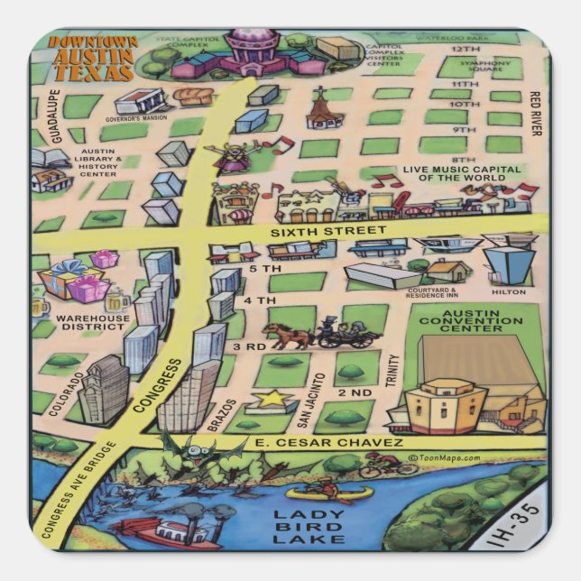 Downtown Austin Texas Cartoon Map Square Sticker (Front)