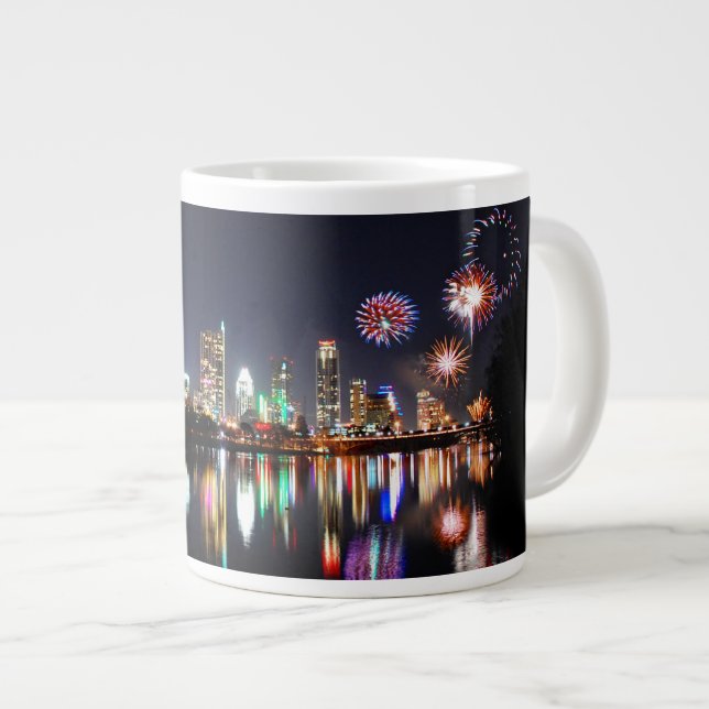 Downtown Austin Texas Night Skyline Fireworks Large Coffee Mug (Front Right)