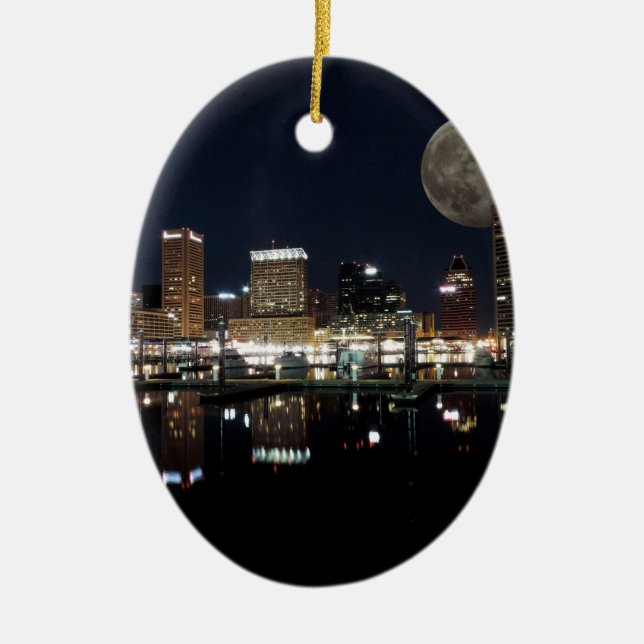 Downtown Baltimore Maryland Night Skyline Moon Ceramic Ornament (Front)