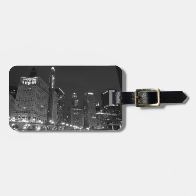 Downtown Chicago Black and White Luggage Tag (Front Horizontal)