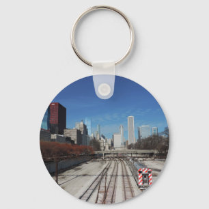 Downtown Chicago with train tracks Keychain