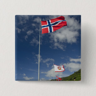 Downtown historic port area of Bergen wth flags 2 Inch Square Button