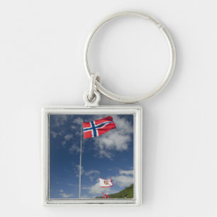 Downtown historic port area of Bergen wth flags Keychain