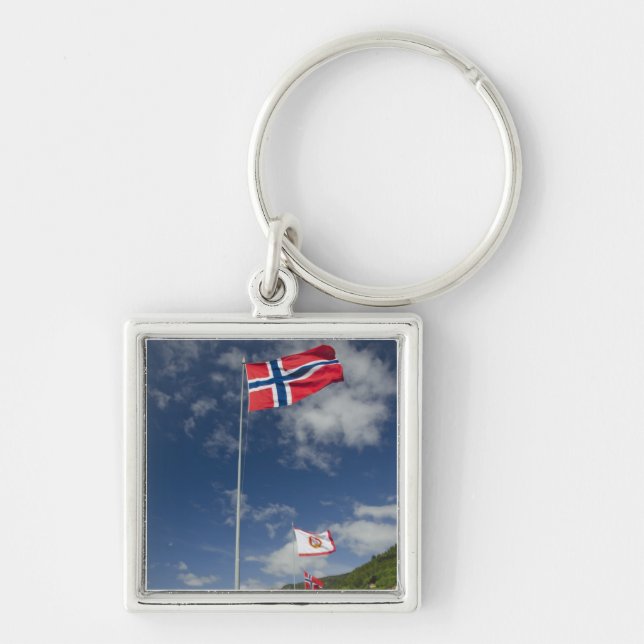 Downtown historic port area of Bergen wth flags Keychain (Front)