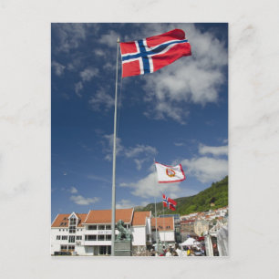 Downtown historic port area of Bergen wth flags Postcard