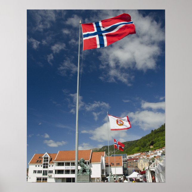 Downtown historic port area of Bergen wth flags Poster (Front)