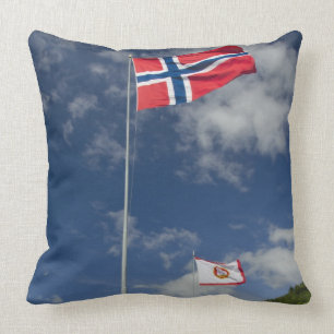 Downtown historic port area of Bergen wth flags Throw Pillow