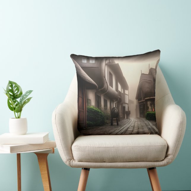 Downtown Hobbiton on a Foggy Day Throw Pillow (Chair)