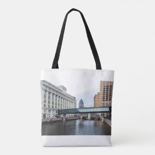 downtown milwaukee riverfront and architecture tote bag