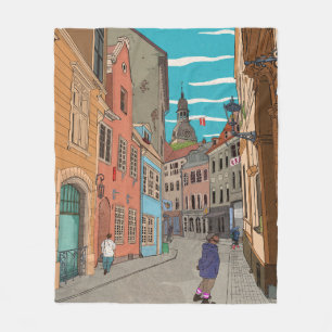Downtown Riga Latvia Cityscape Illustration Fleece Blanket