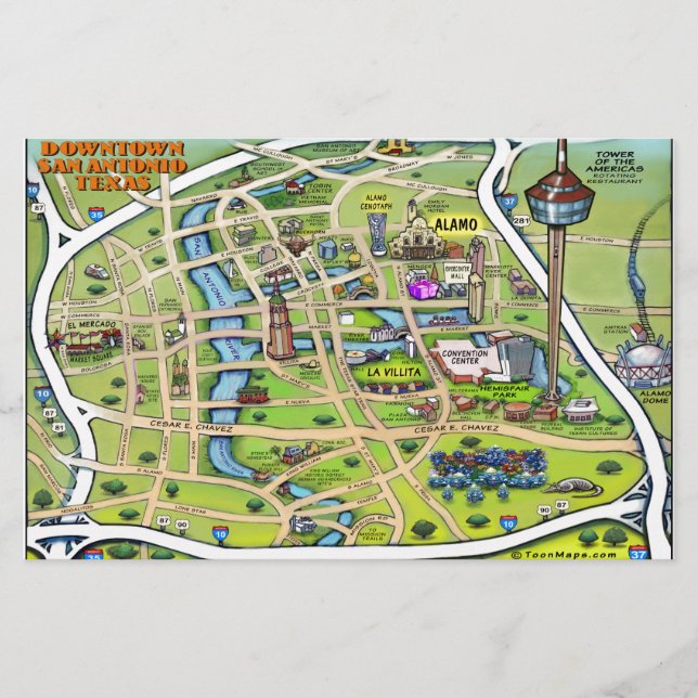 Downtown San Antonio Cartoon Map Stationery (Front)