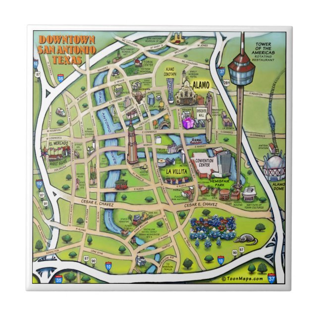 Downtown San Antonio Cartoon Map Tile (Front)