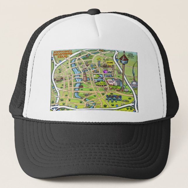Downtown San Antonio Cartoon Map Trucker Hat (Front)