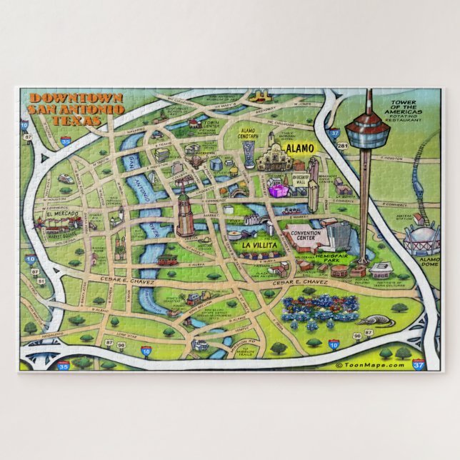 Downtown San Antonio Texas Cartoon Map Jigsaw Puzzle (Horizontal)
