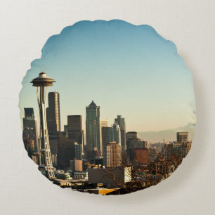 Downtown Seattle skyline and Space Needle Round Pillow