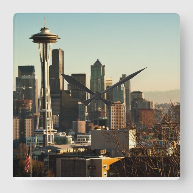 Downtown Seattle skyline and Space Needle Square Wall Clock (Front)