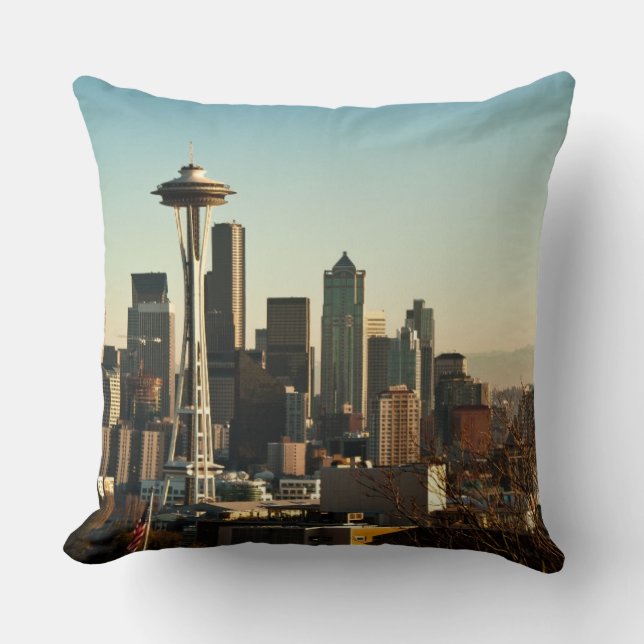 Downtown Seattle skyline and Space Needle Throw Pillow (Front)